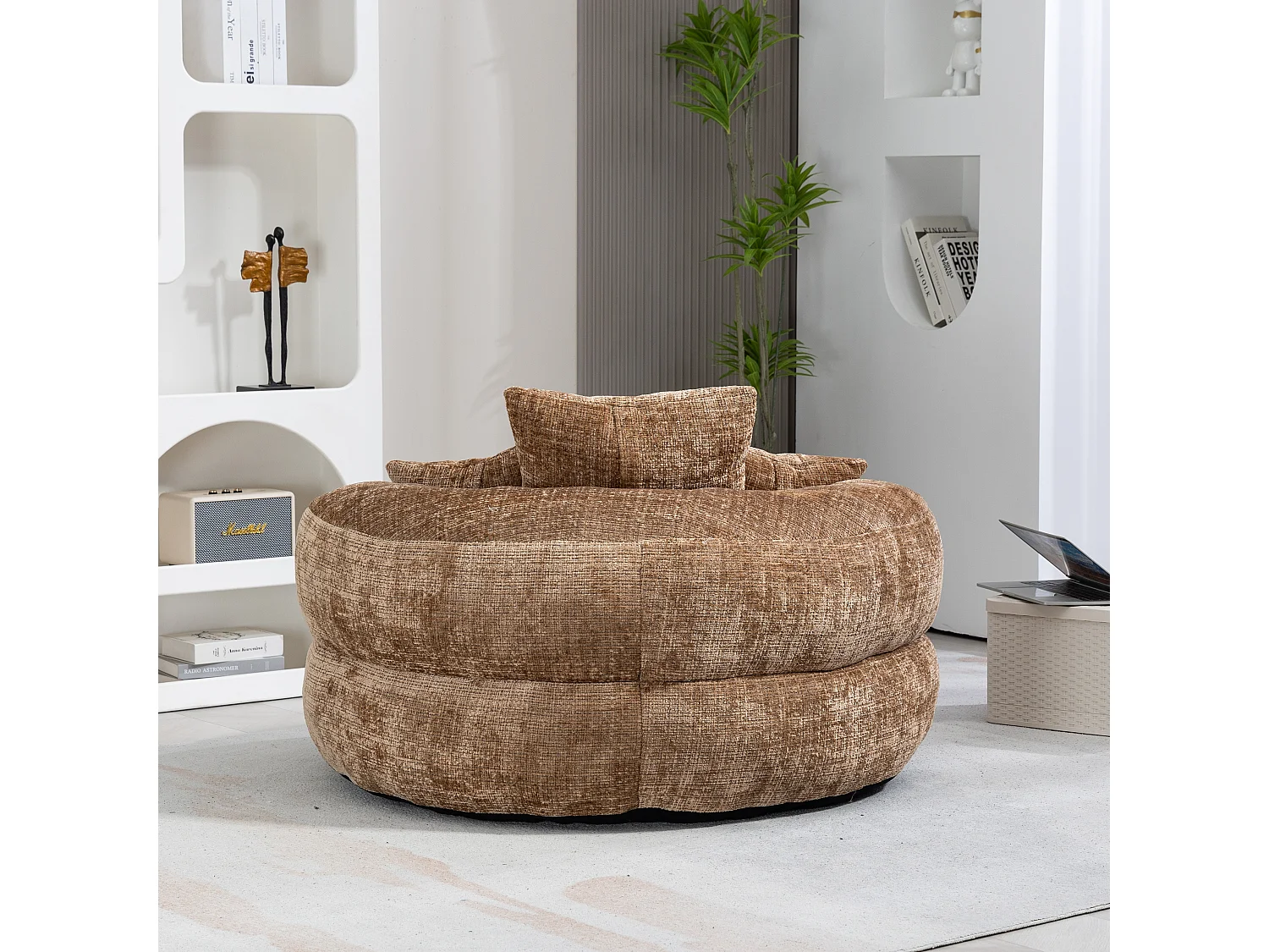 Canapé paresseux durable avec haut dossier, 3 coussins, chenille, café, pour intérieur et extérieur (108x108x52cm)