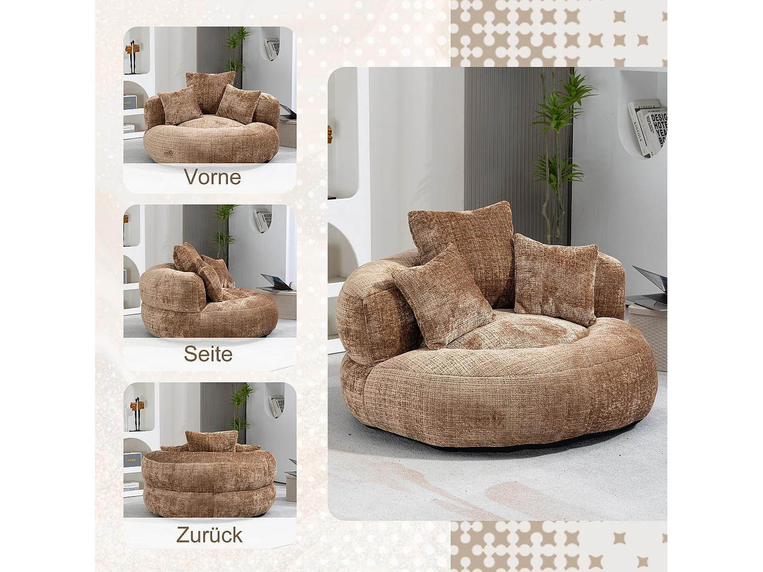 Canapé paresseux durable avec haut dossier, 3 coussins, chenille, café, pour intérieur et extérieur (108x108x52cm)