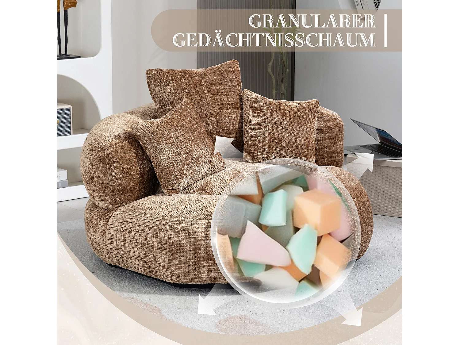 Canapé paresseux durable avec haut dossier, 3 coussins, chenille, café, pour intérieur et extérieur (108x108x52cm)