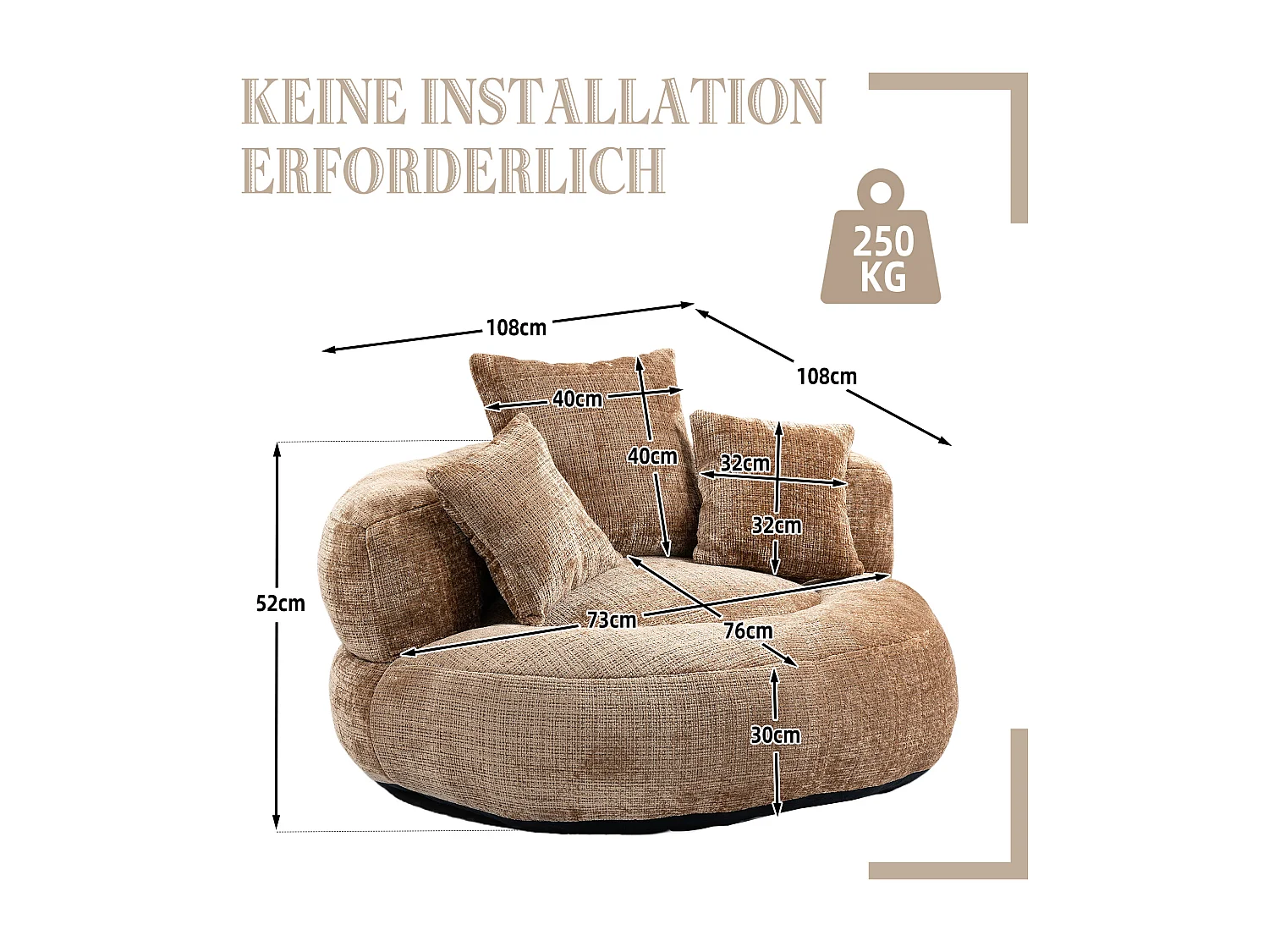 Canapé paresseux durable avec haut dossier, 3 coussins, chenille, café, pour intérieur et extérieur (108x108x52cm)