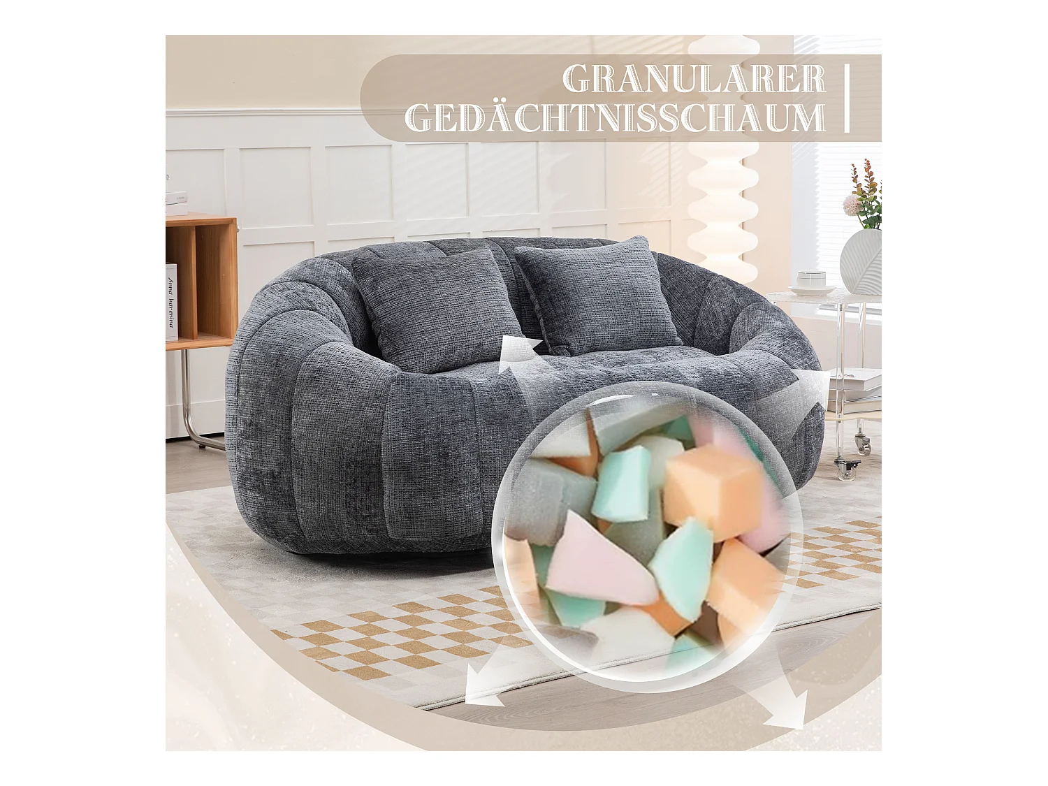 Canapé poire géant relaxant, design ergonomique, chenille gris, rembourrage en mousse haute densité (150x95x63cm)