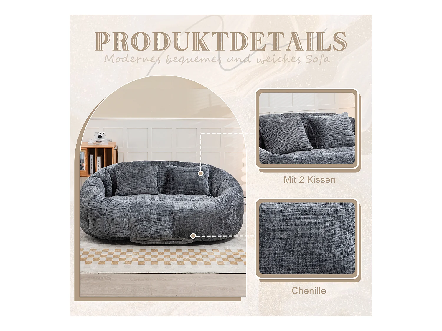 Canapé poire géant relaxant, design ergonomique, chenille gris, rembourrage en mousse haute densité (150x95x63cm)