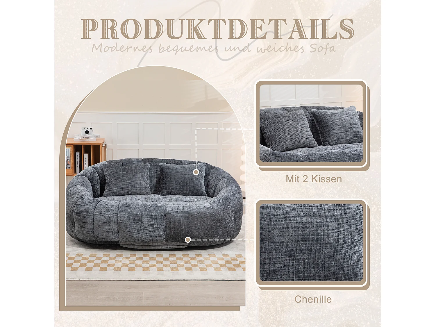 Canapé poire géant relaxant, design ergonomique, chenille gris, rembourrage en mousse haute densité (150x95x63cm)