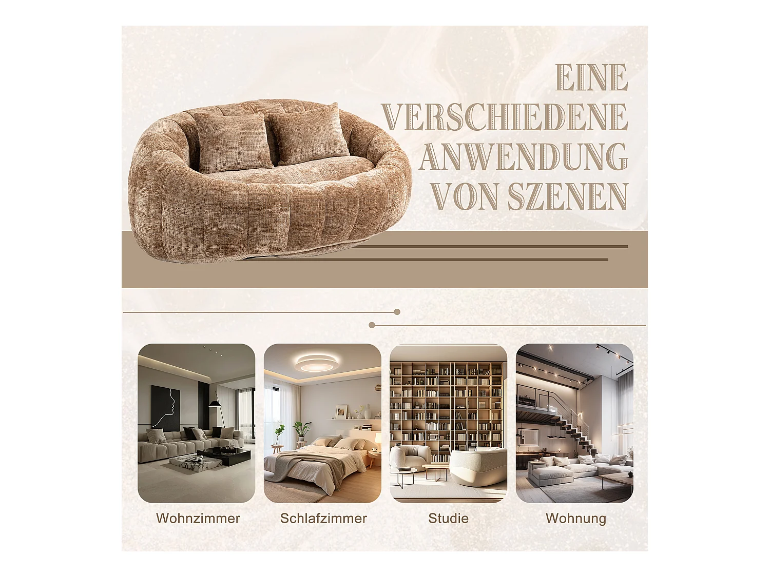 Canapé poire géant avec dossier haut, ultra confortable, rembourrage en mousse, tissu chenille, couleur café (150x95x63cm)