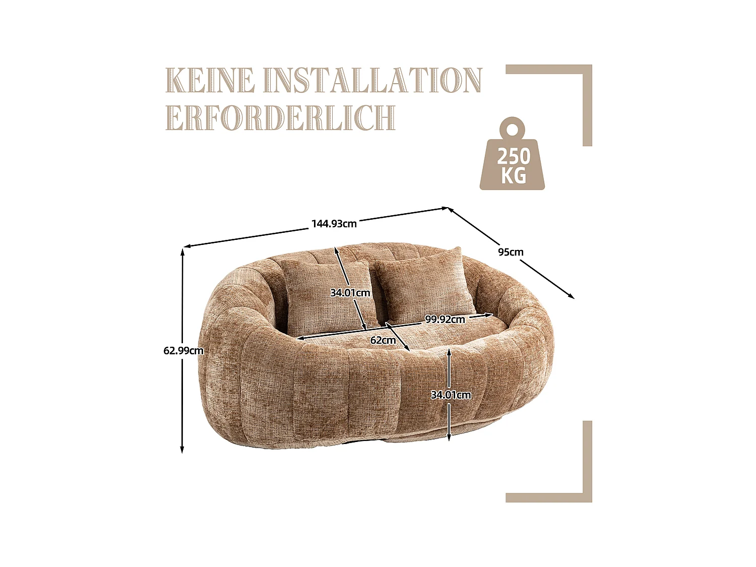 Canapé poire géant avec dossier haut, ultra confortable, rembourrage en mousse, tissu chenille, couleur café (150x95x63cm)