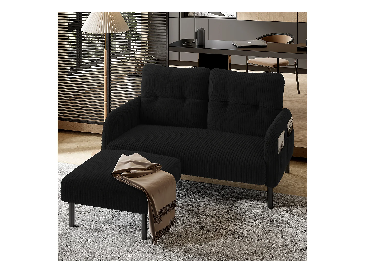 Pouf en velours côtelé ultra-doux, structure métallique robuste, noir (60x56x18 cm)