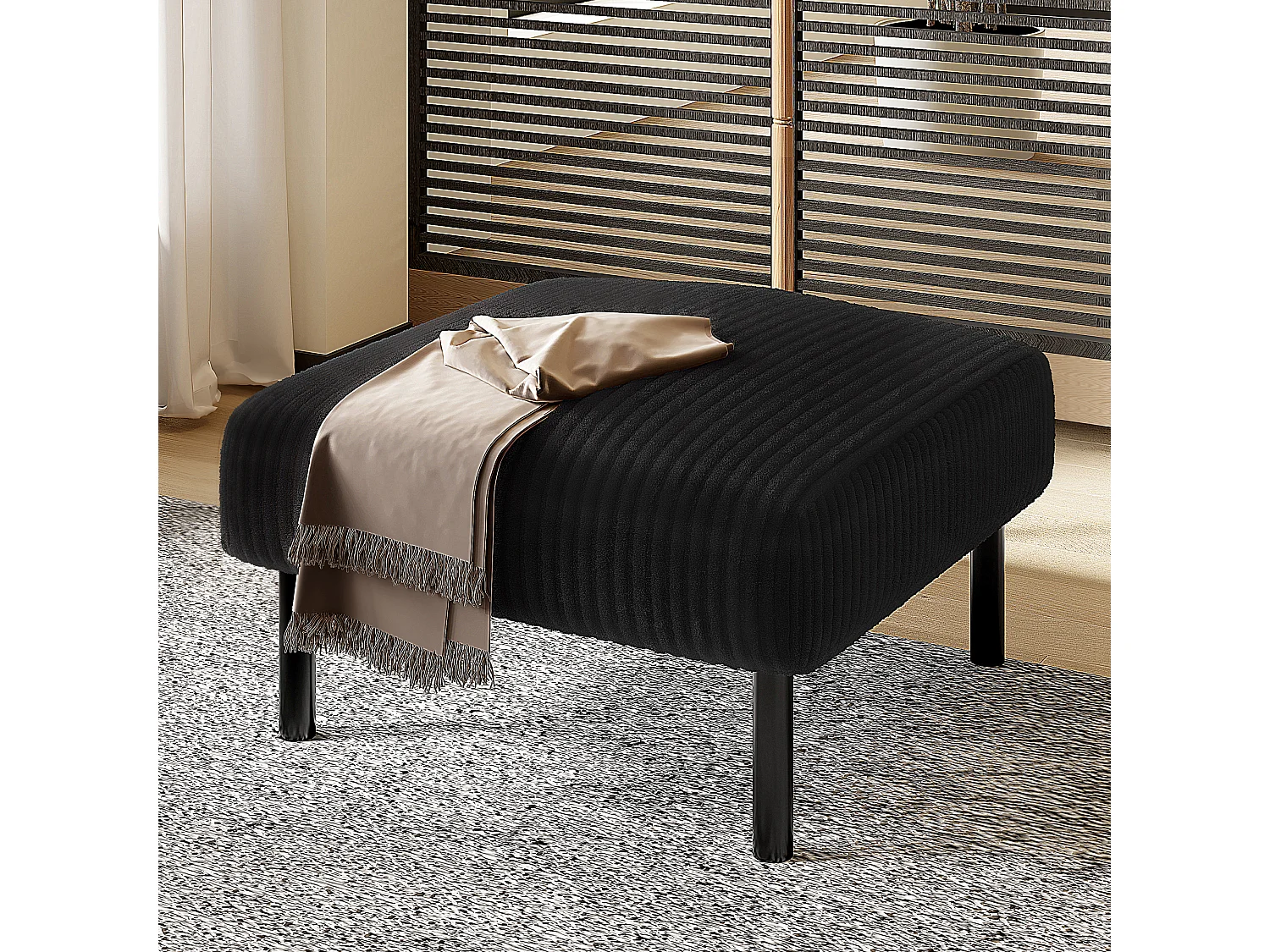 Pouf en velours côtelé ultra-doux, structure métallique robuste, noir (60x56x18 cm)