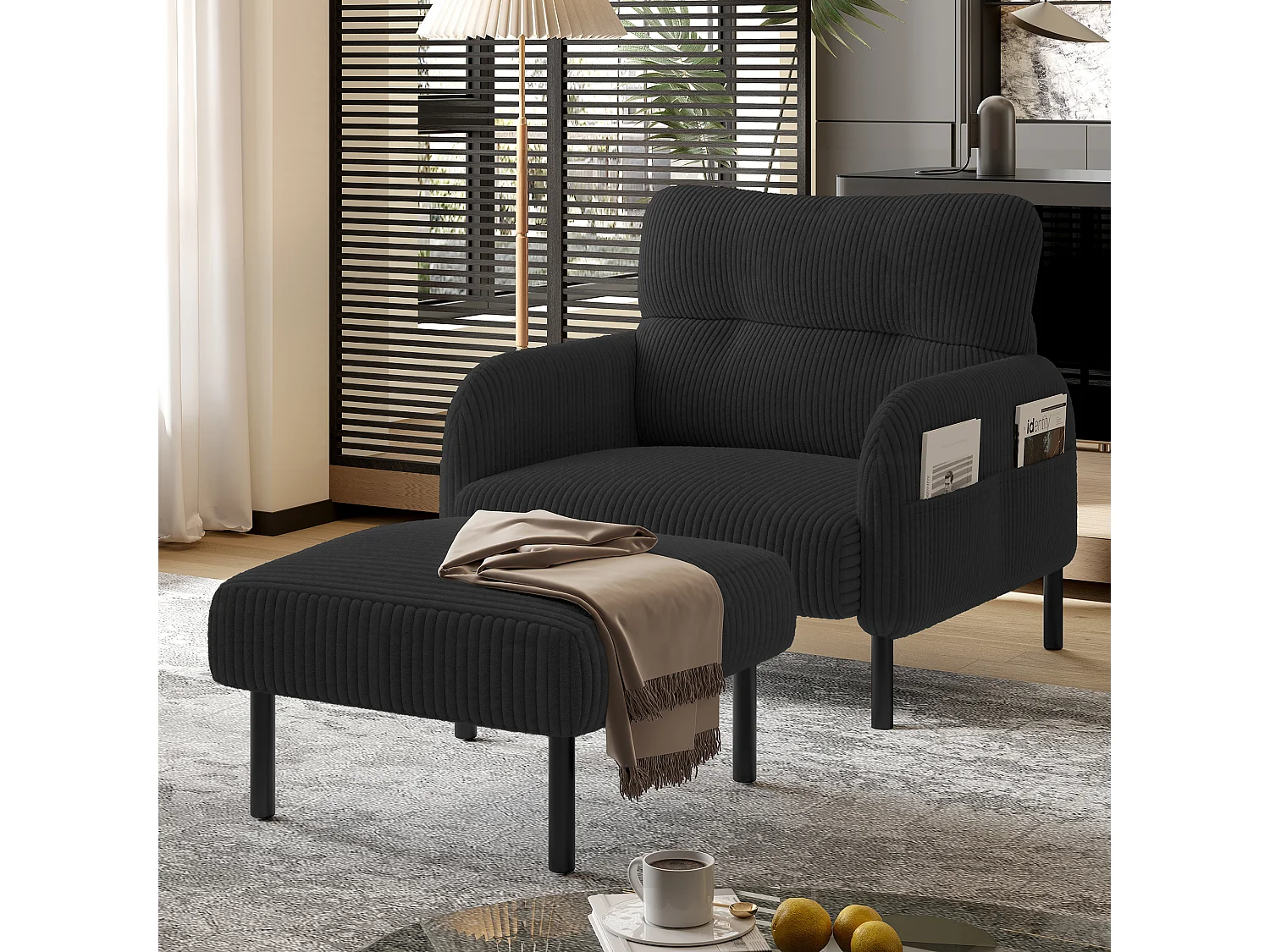 Pouf en velours côtelé ultra-doux, structure métallique robuste, noir (60x56x18 cm)