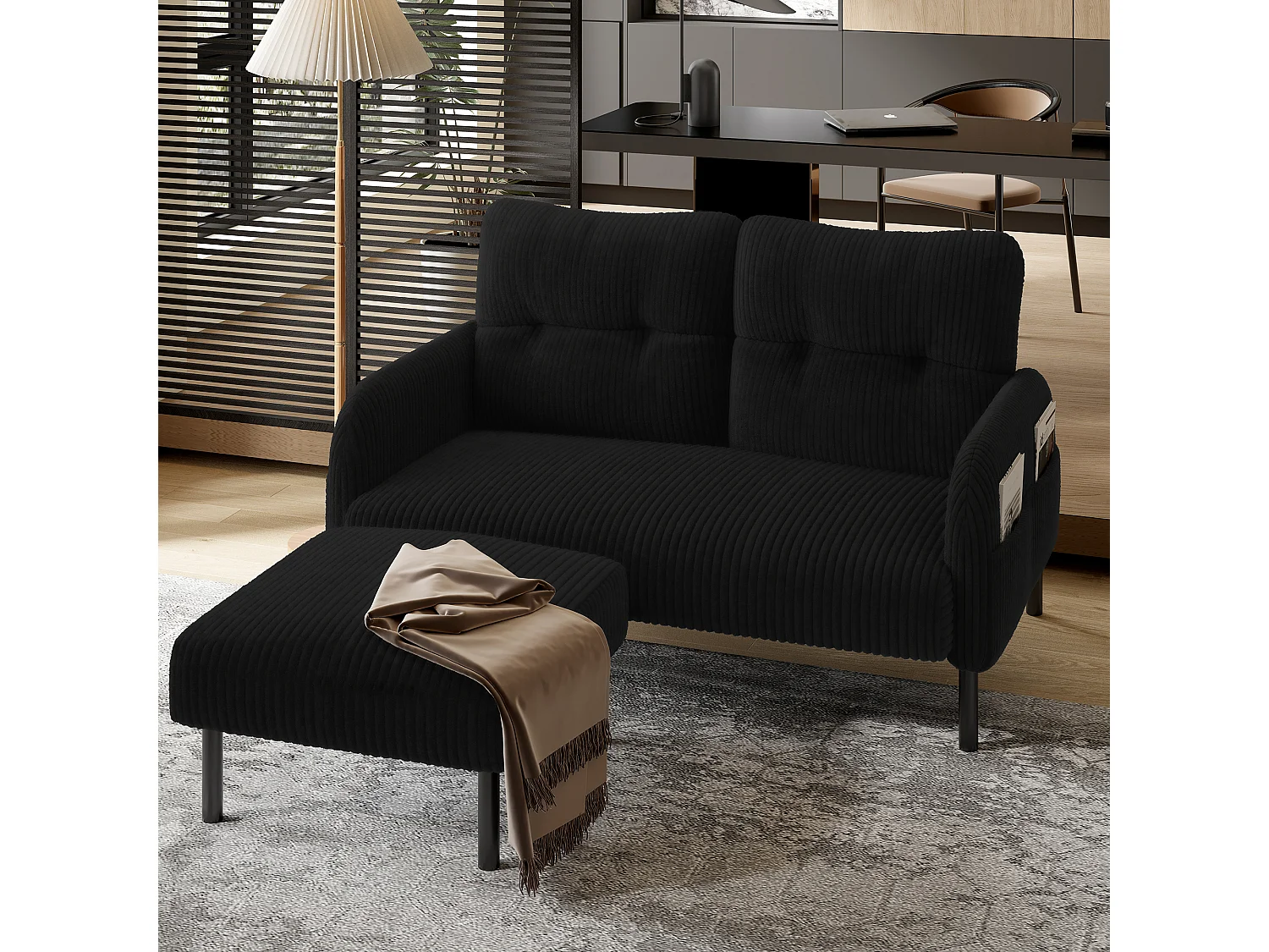 Pouf en velours côtelé ultra-doux, structure métallique robuste, noir (60x56x18 cm)