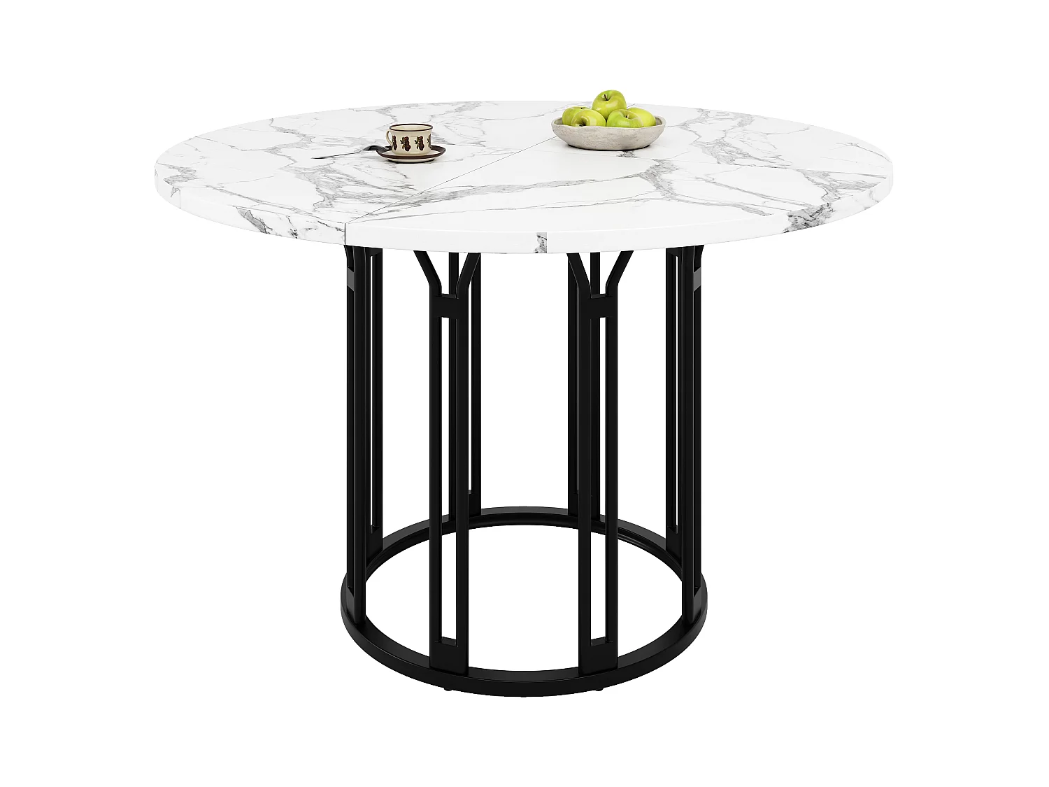 Ronde eettafel, modern design met metalen onderstel, marmermotief MDF, zwart en goud (100x100x74cm)