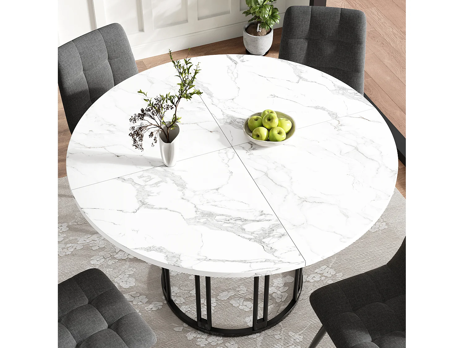 Ronde eettafel, modern design met metalen onderstel, marmermotief MDF, zwart en goud (100x100x74cm)