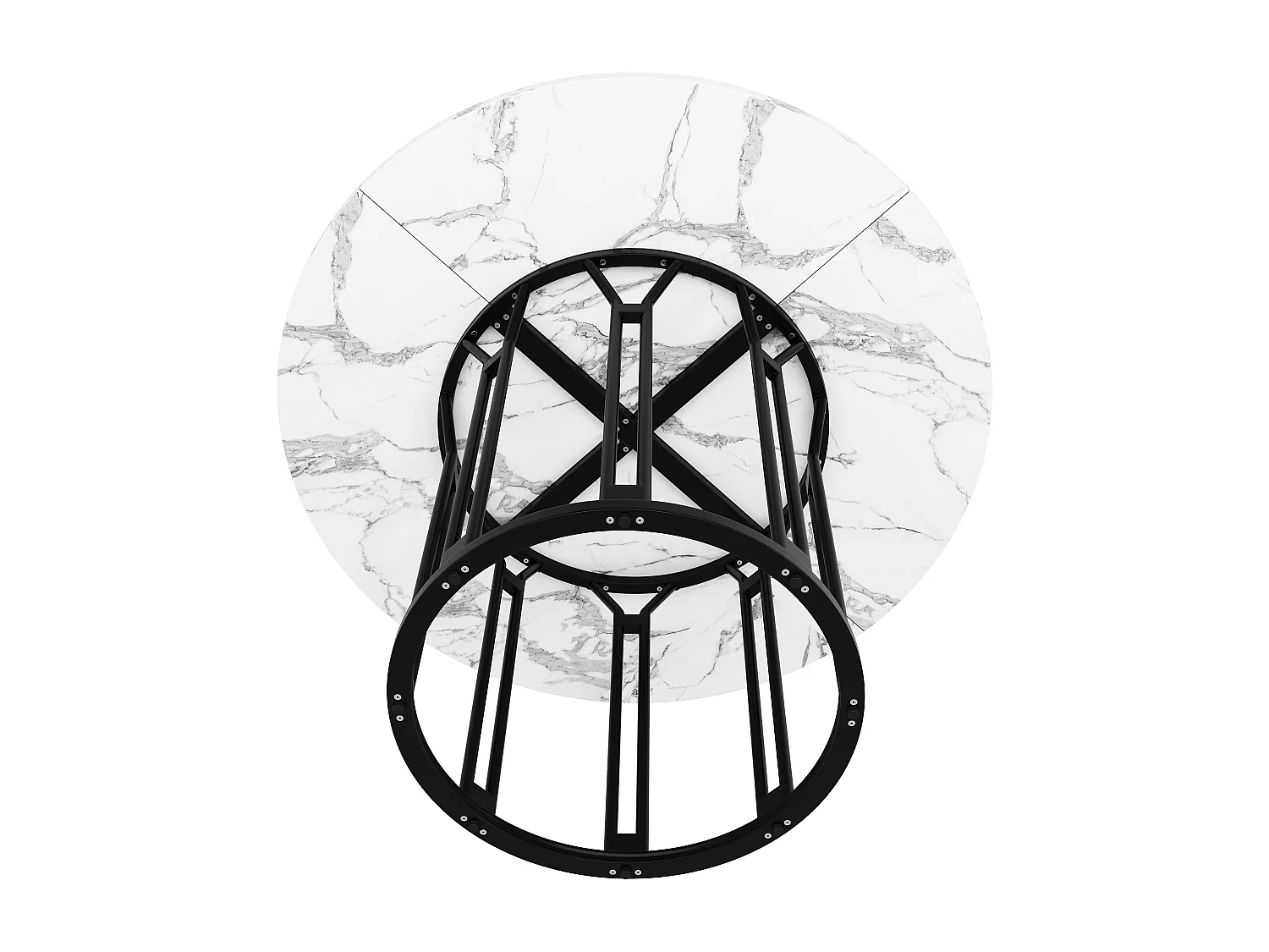 Table à manger ronde, design moderne avec piètement métallique, MDF à motif marbre, noir et doré (100x100x74cm)