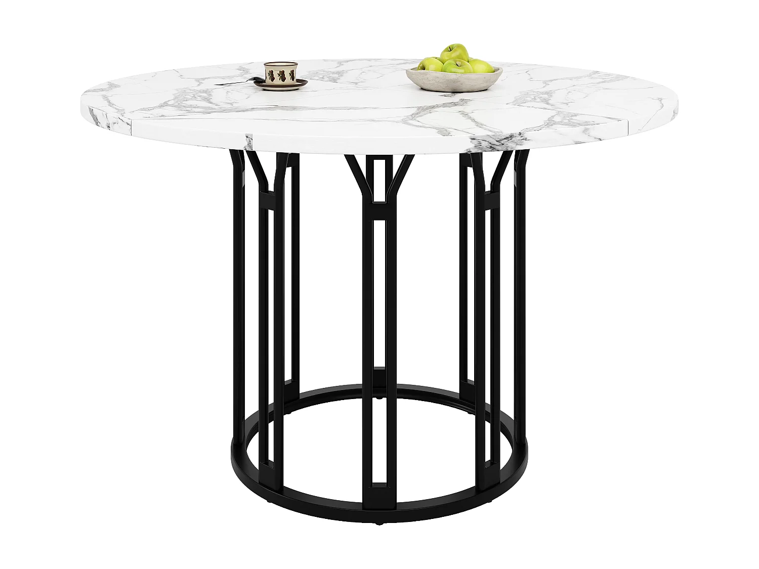 Table à manger ronde, design moderne avec piètement métallique, MDF à motif marbre, noir et doré (100x100x74cm)