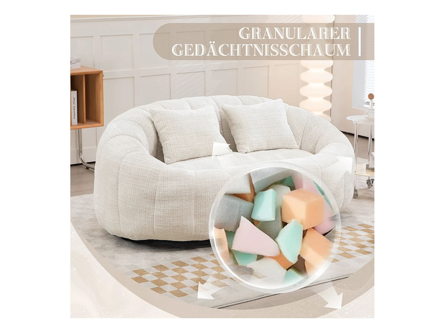 Canapé poire géant relaxant, dossier haut rembourré, tissu chenille, beige, rembourrage en mousse (150x95x63cm)