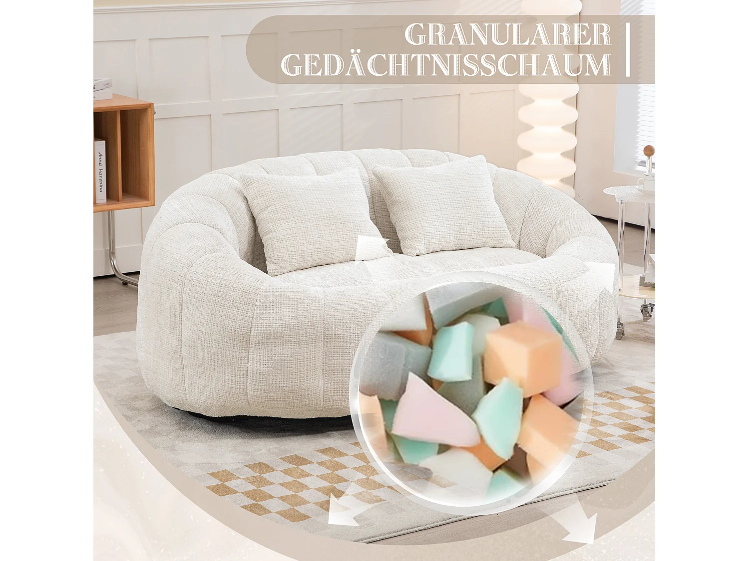 Canapé poire géant relaxant, dossier haut rembourré, tissu chenille, beige, rembourrage en mousse (150x95x63cm)