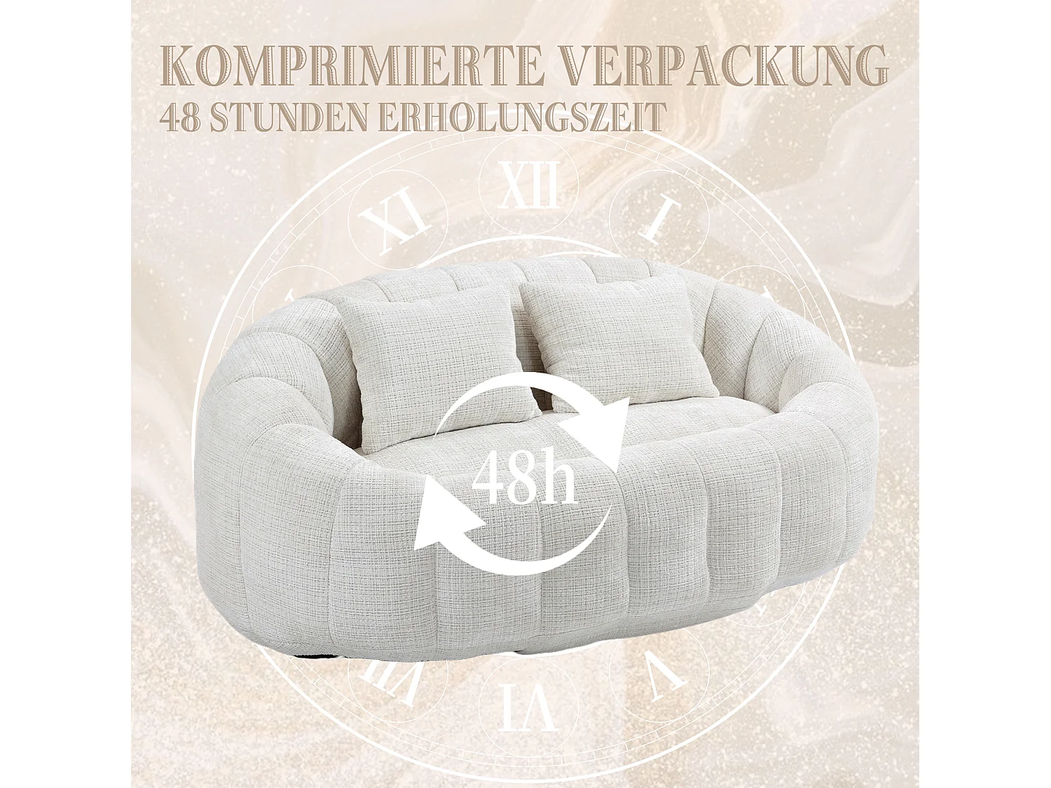 Canapé poire géant relaxant, dossier haut rembourré, tissu chenille, beige, rembourrage en mousse (150x95x63cm)