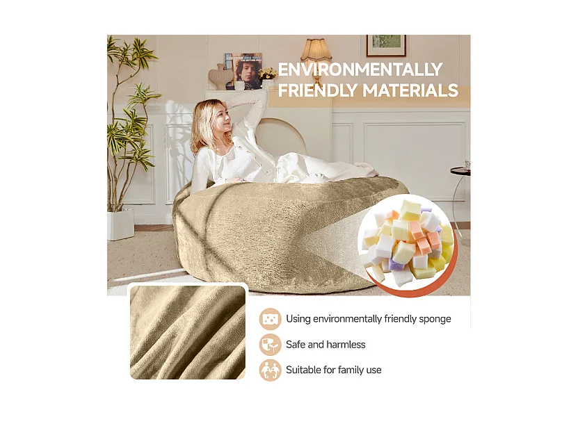 Sac de siège moelleux, design ergonomique pour adulte, mousse, abricot (90x90x50cm)