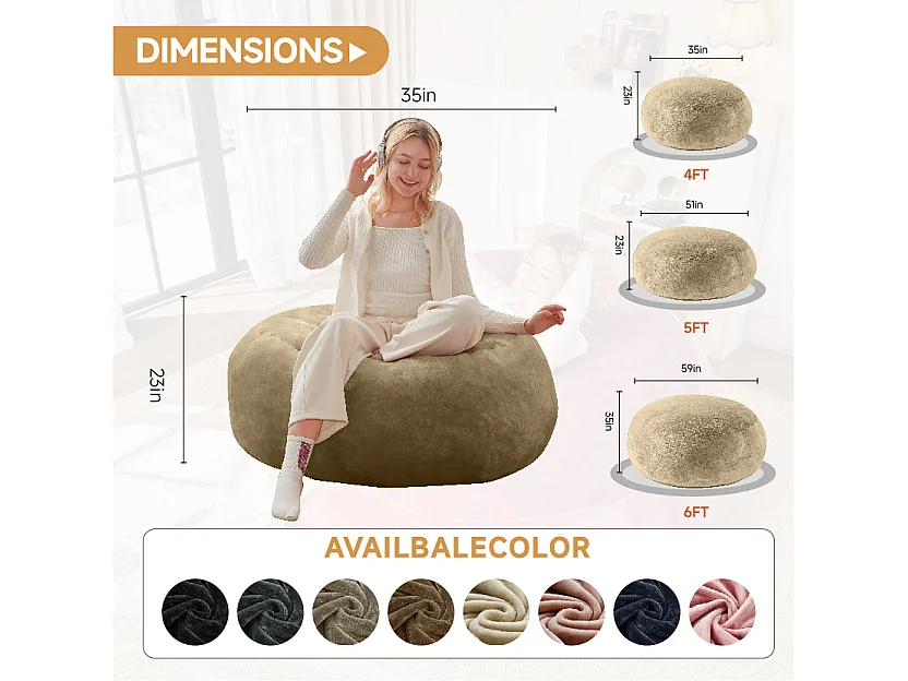 Sac de siège moelleux, design ergonomique pour adulte, mousse, abricot (90x90x50cm)