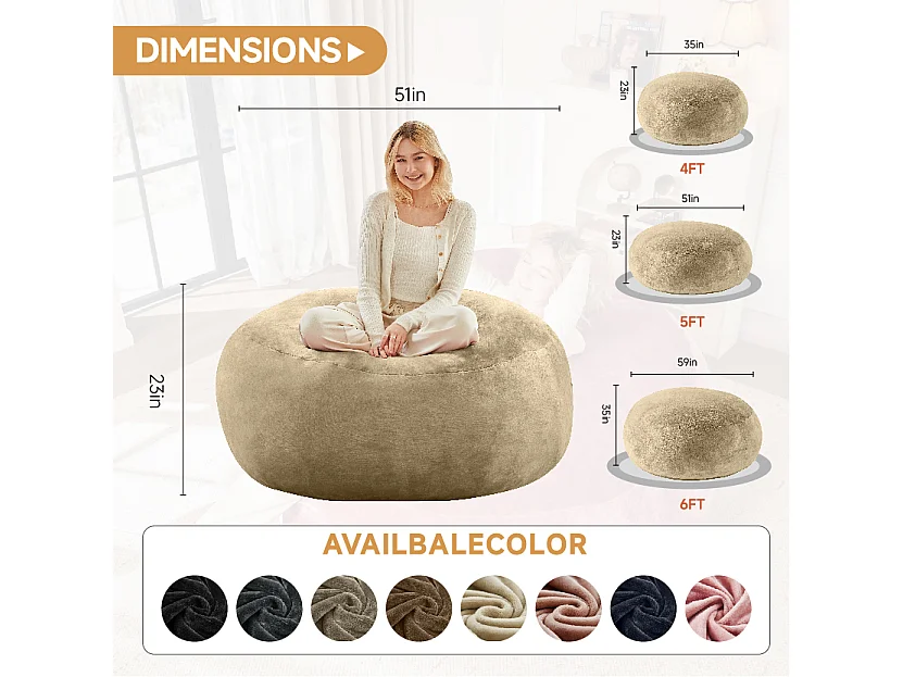 Sac de siège moelleux, design ergonomique pour adulte, mousse, abricot (90x90x50cm)