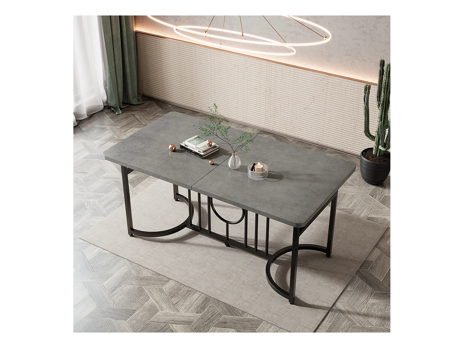 Tavolo da pranzo moderno e minimalista, piano in truciolato, gambe in metallo nero (158x76x75cm)