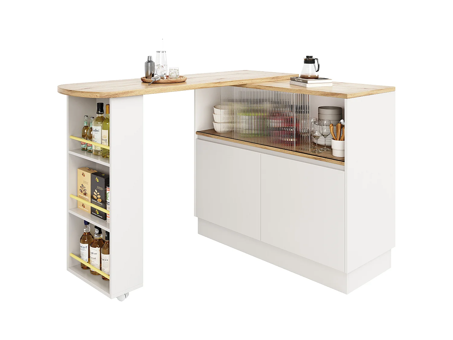 Buffet tournant 360° multifonction, design moderne, MDF, blanc, avec étagères et vitrine (90x45x100cm)
