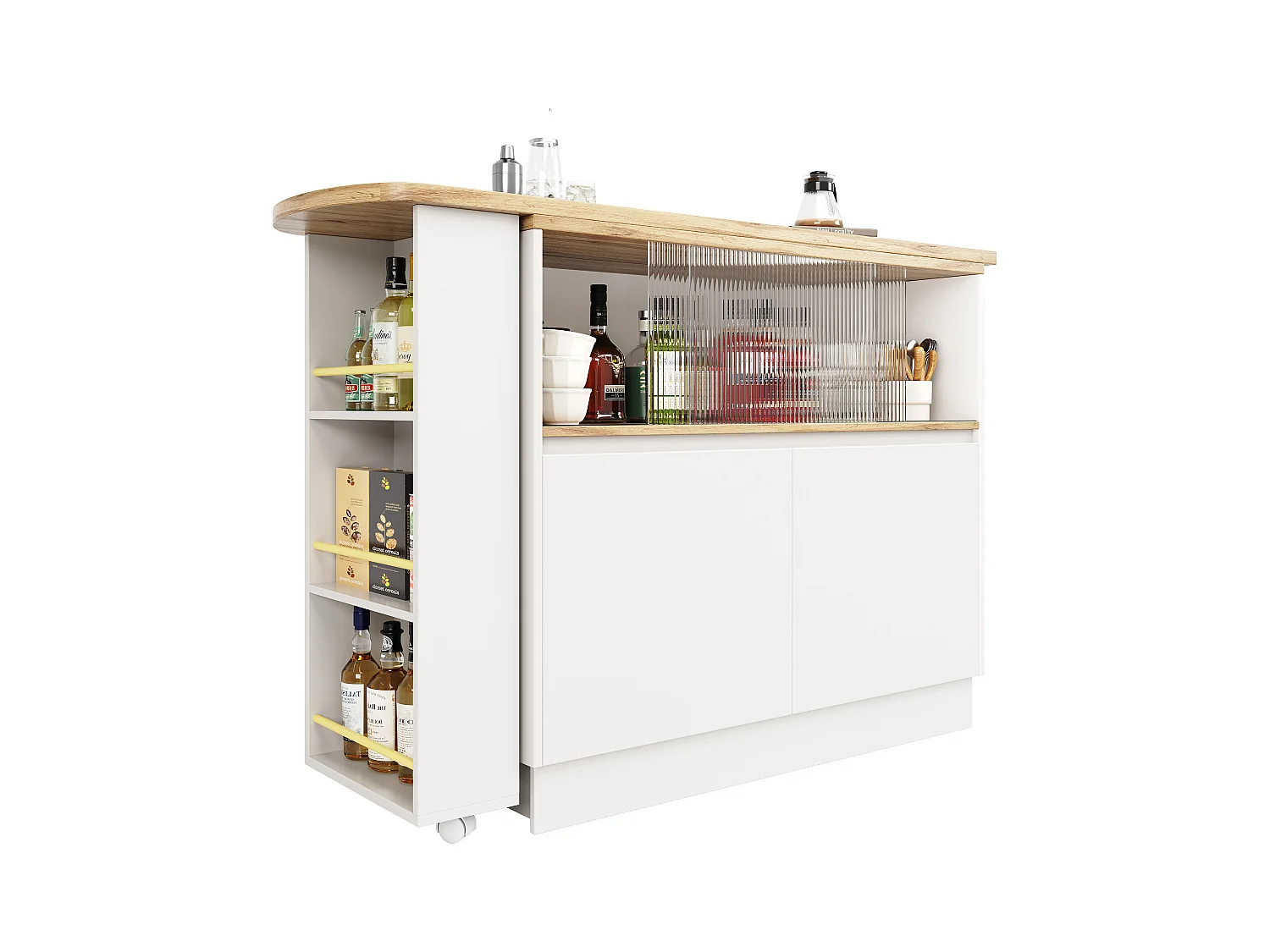 Buffet tournant 360° multifonction, design moderne, MDF, blanc, avec étagères et vitrine (90x45x100cm)