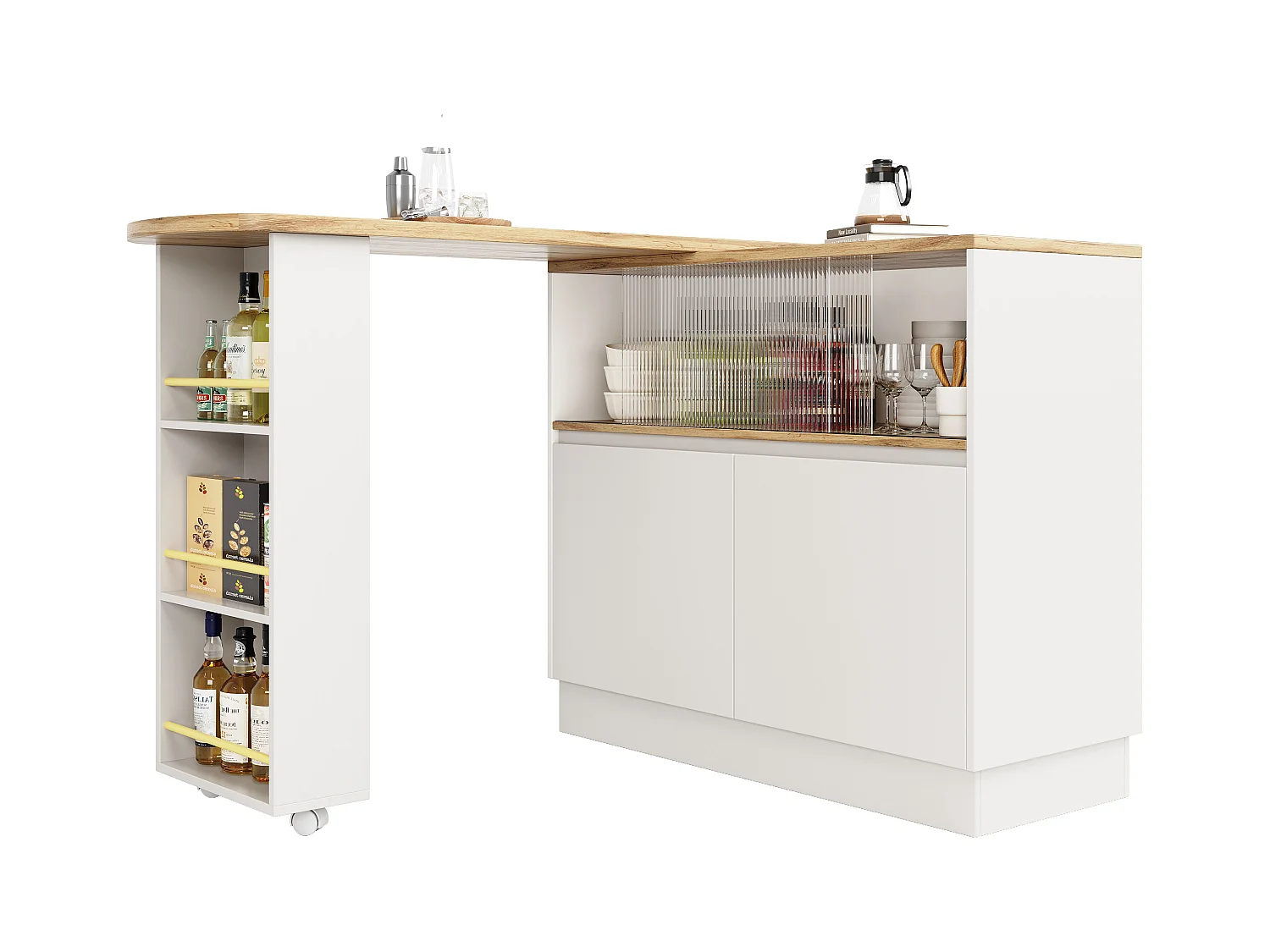 Buffet tournant 360° multifonction, design moderne, MDF, blanc, avec étagères et vitrine (90x45x100cm)