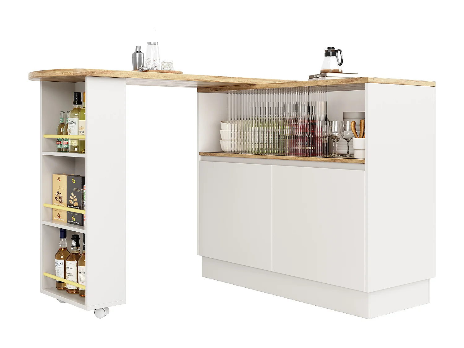 Multifunctioneel 360° draaibaar dressoir, modern design, MDF, wit, met planken en vitrinekast (90x45x100cm)