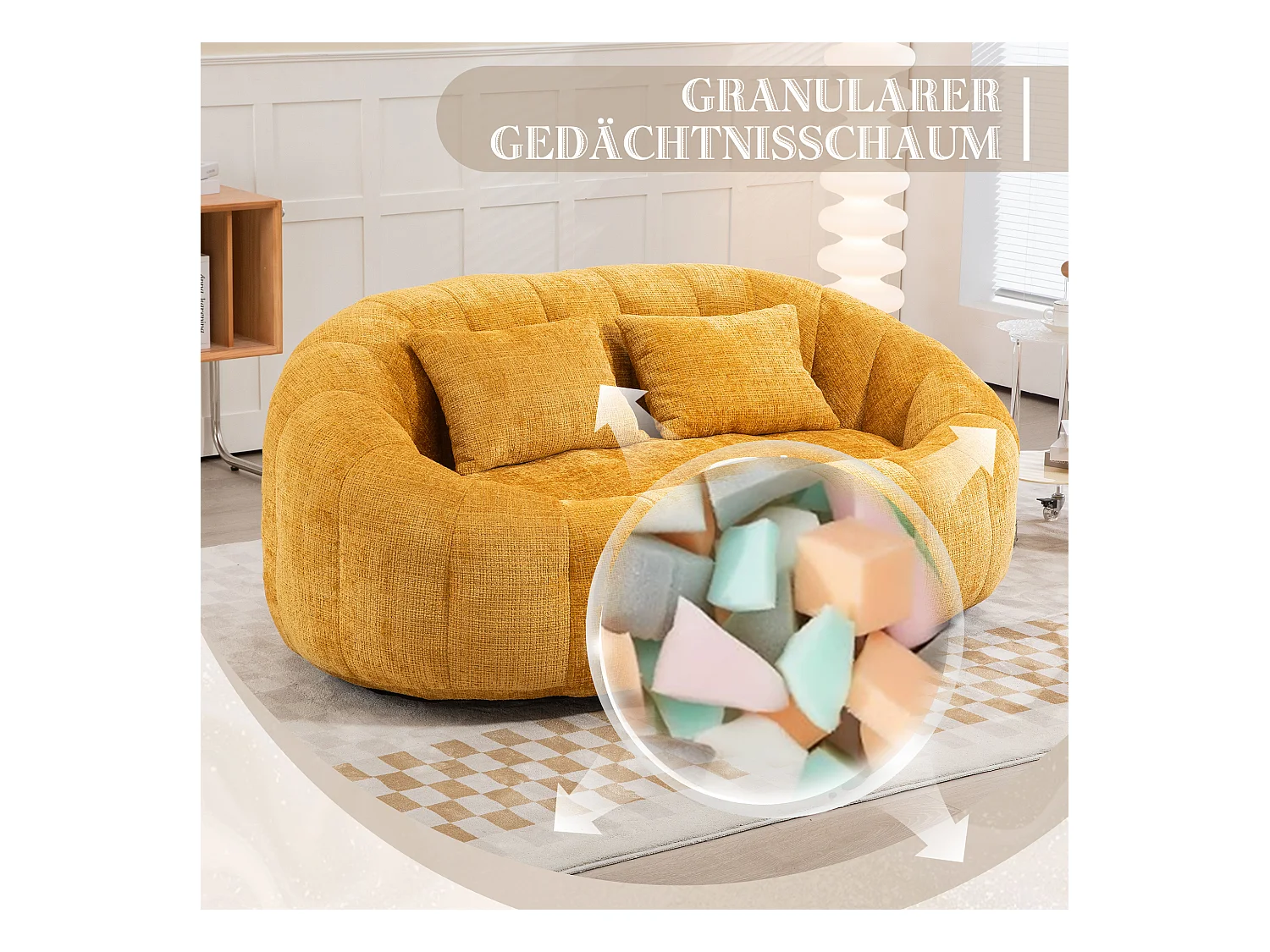 Canapé poire géant avec dossier haut, ultra confortable, rembourrage en mousse, tissu chenille jaune (150x95x63cm)