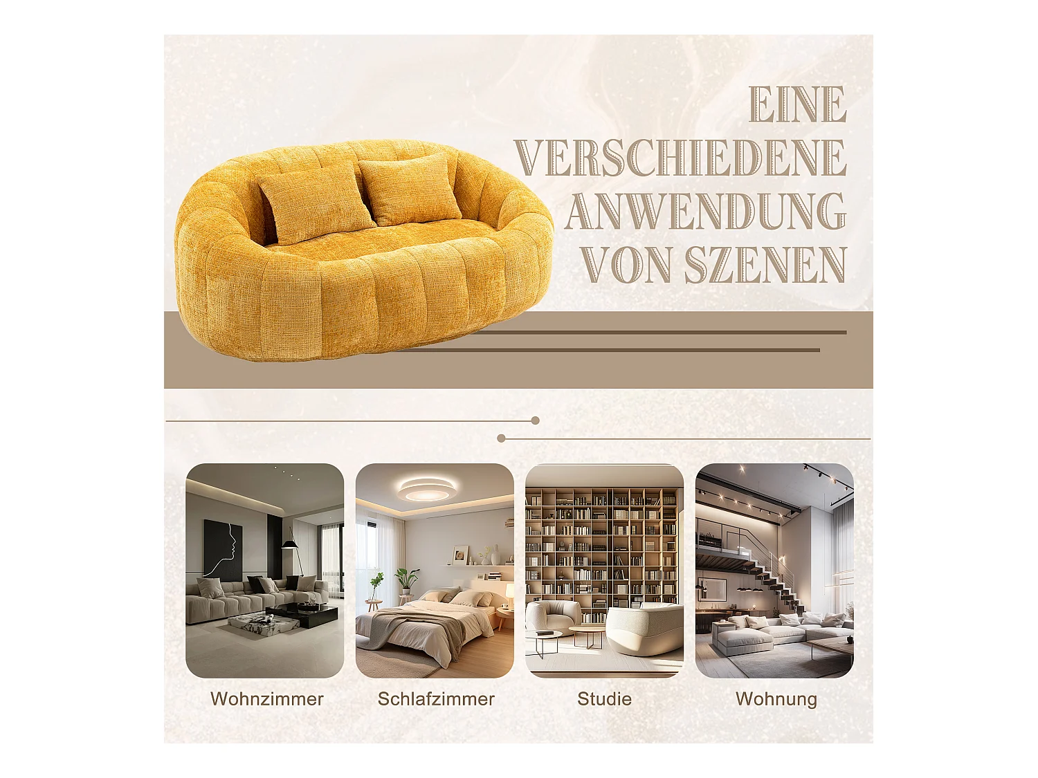 Canapé poire géant avec dossier haut, ultra confortable, rembourrage en mousse, tissu chenille jaune (150x95x63cm)