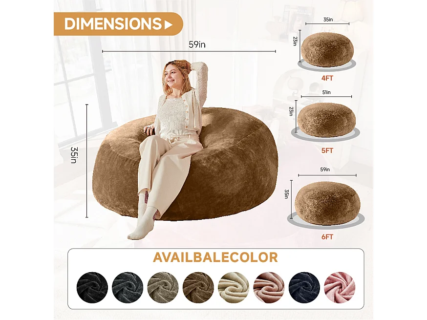 Pouf géant en mousse, ultra confortable et adaptable, idéal pour salon et chambre, couleur café (90x90x50cm)