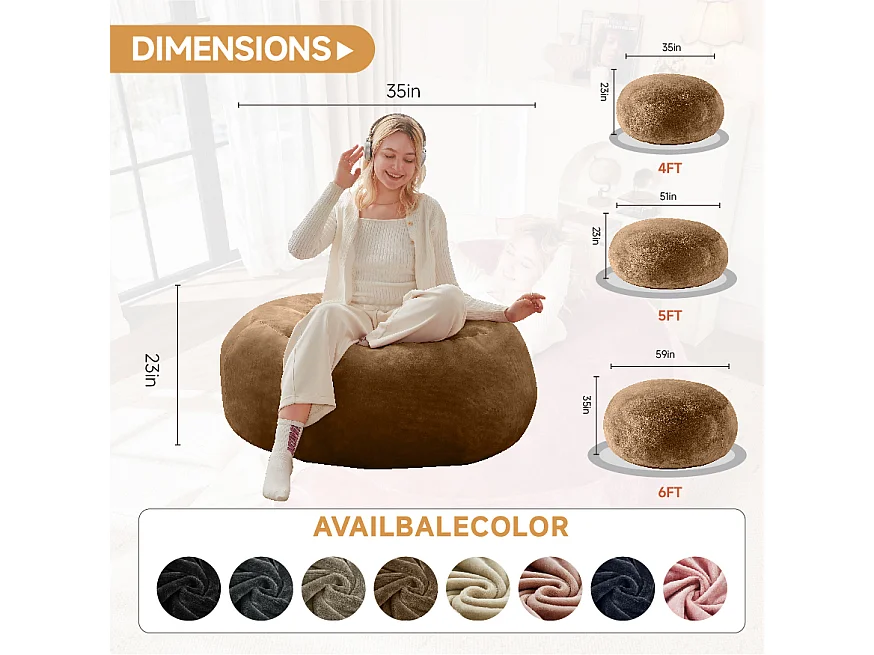 Pouf géant en mousse, ultra confortable et adaptable, idéal pour salon et chambre, couleur café (90x90x50cm)