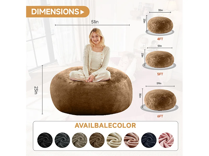 Pouf géant en mousse, ultra confortable et adaptable, idéal pour salon et chambre, couleur café (90x90x50cm)