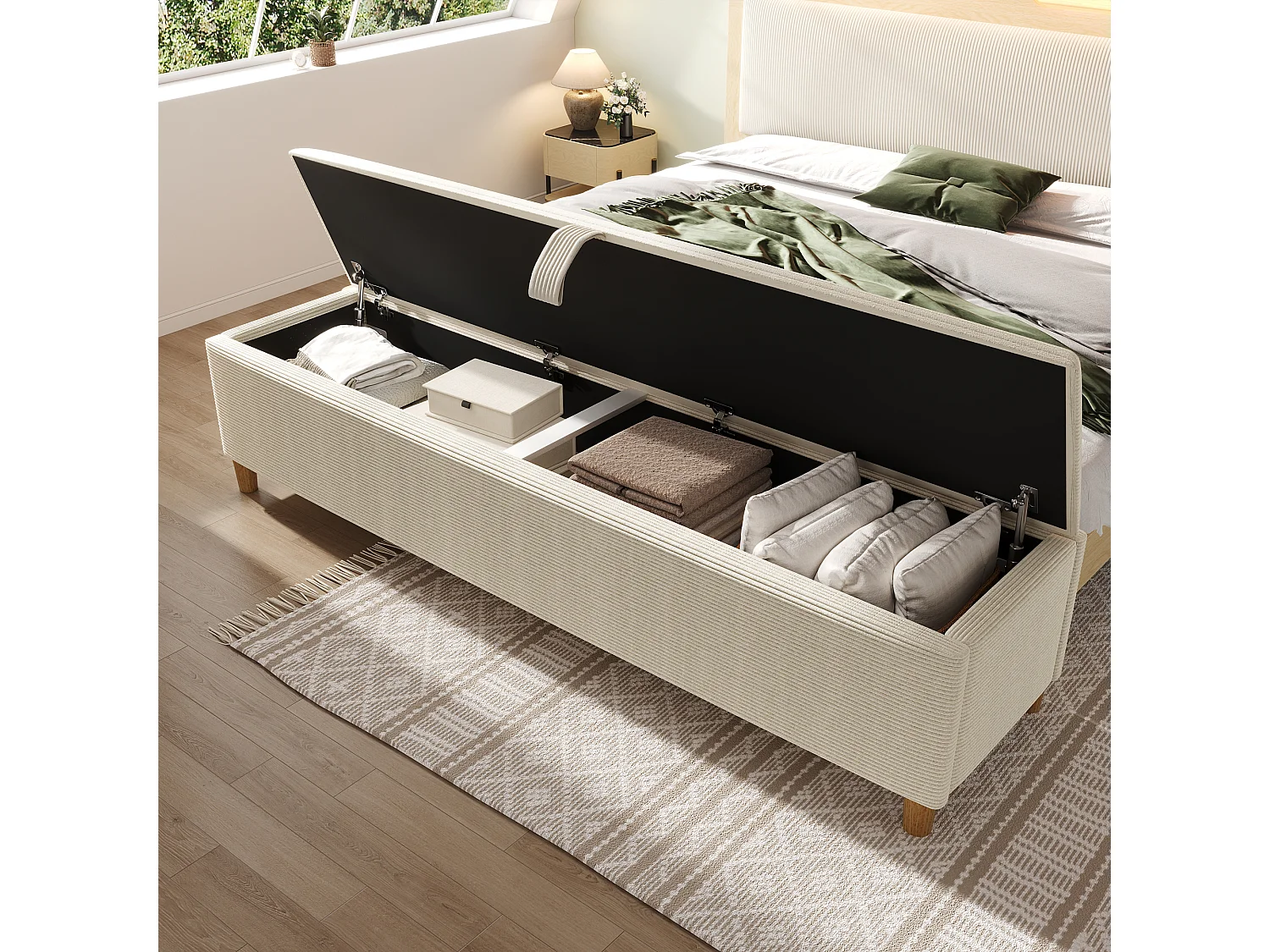 Banc de lit avec rangement hydraulique, design élégant, tissu velours et bois, beige (165x38x46 cm)