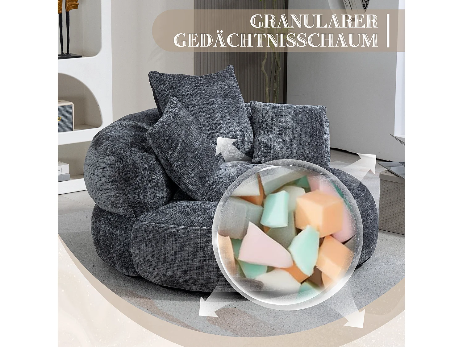 Canapé paresseux durable avec haut dossier, 3 coussins, chenille gris, pour intérieur et extérieur (108x108x52cm)