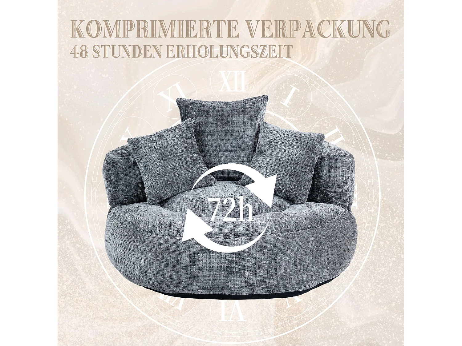 Canapé paresseux durable avec haut dossier, 3 coussins, chenille gris, pour intérieur et extérieur (108x108x52cm)