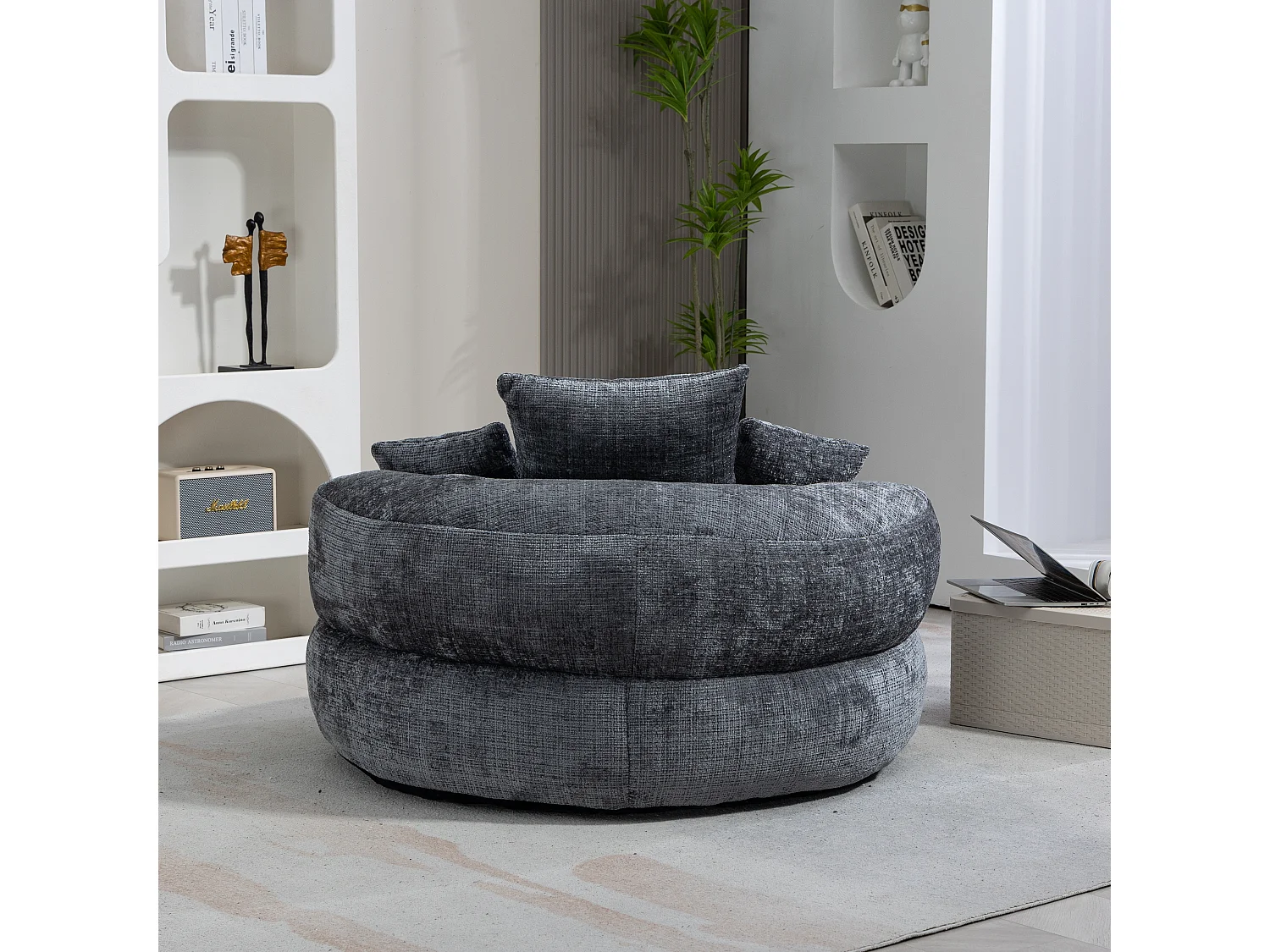 Canapé paresseux durable avec haut dossier, 3 coussins, chenille gris, pour intérieur et extérieur (108x108x52cm)