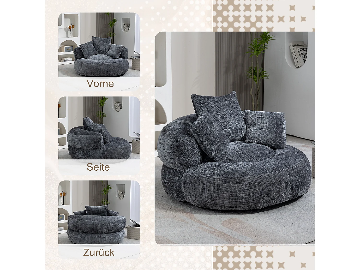 Sofá perezoso duradero con respaldo alto, 3 cojines, chenilla gris, para uso interior y exterior (108 x 108 x 52 cm)