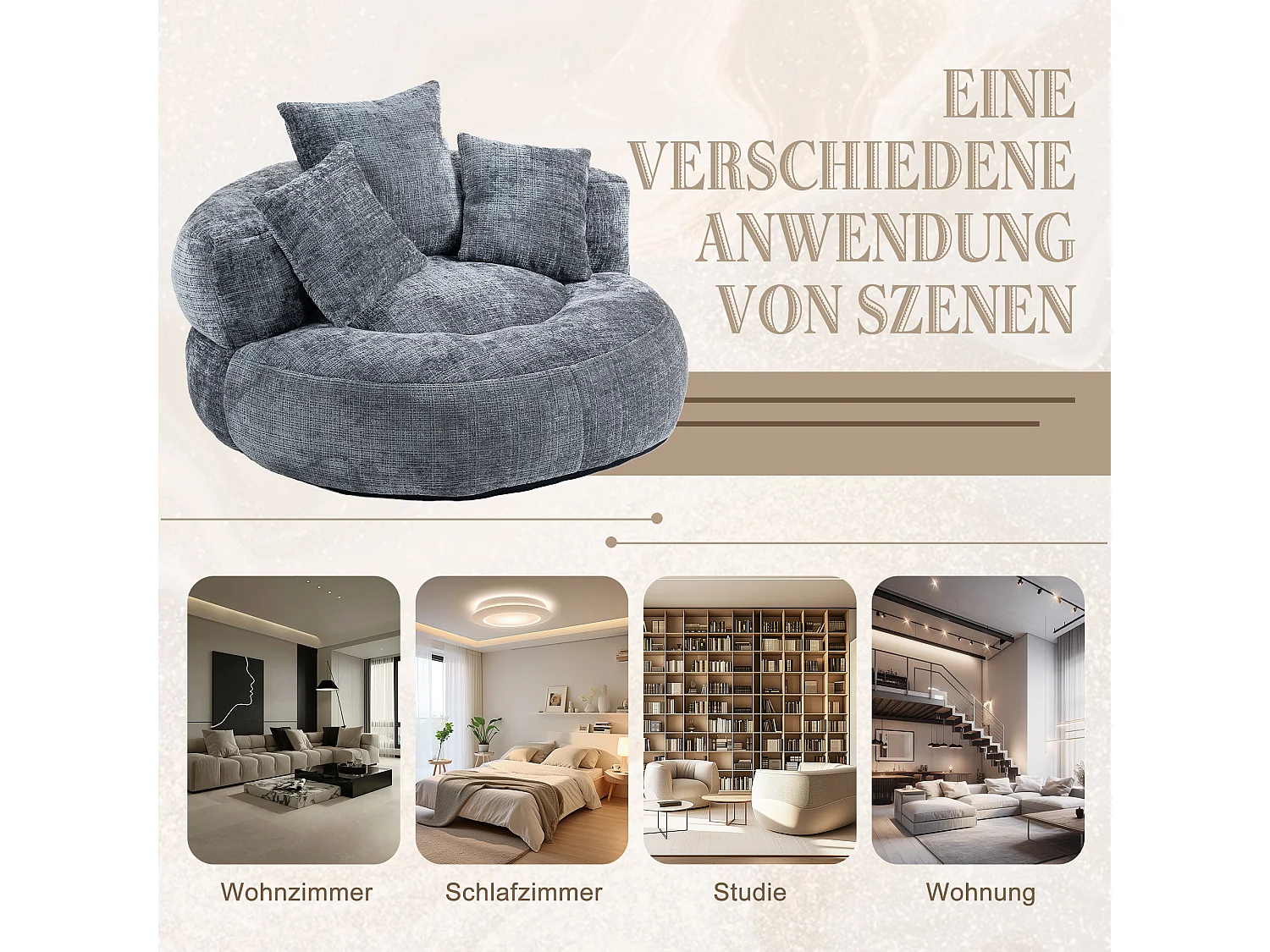 Sofá perezoso duradero con respaldo alto, 3 cojines, chenilla gris, para uso interior y exterior (108 x 108 x 52 cm)