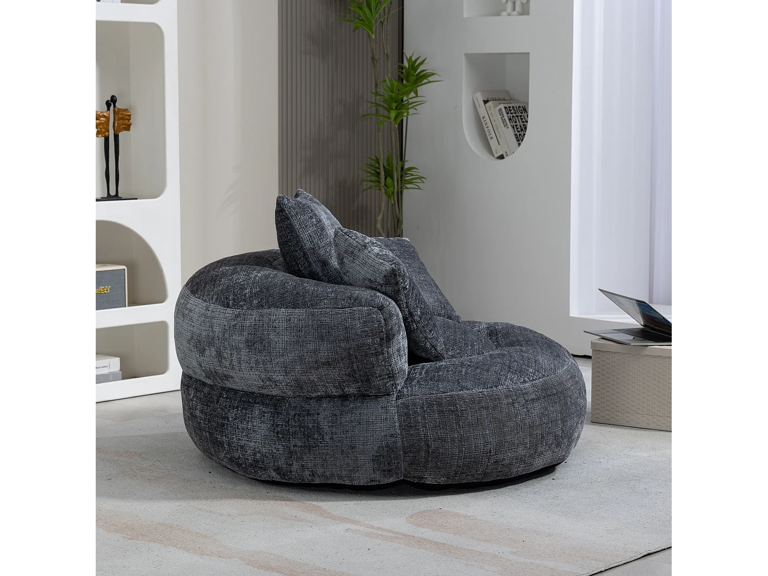 Sofá perezoso duradero con respaldo alto, 3 cojines, chenilla gris, para uso interior y exterior (108 x 108 x 52 cm)