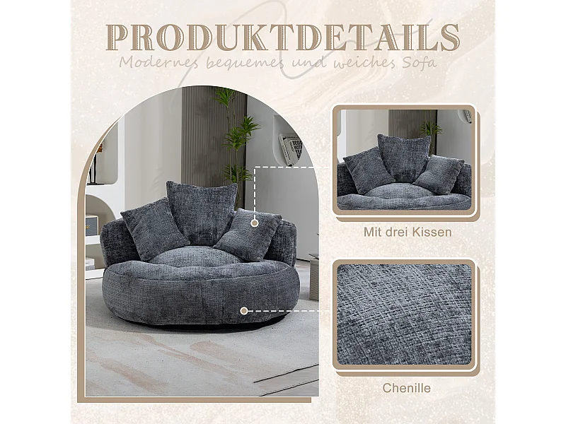 Canapé paresseux durable avec haut dossier, 3 coussins, chenille gris, pour intérieur et extérieur (108x108x52cm)