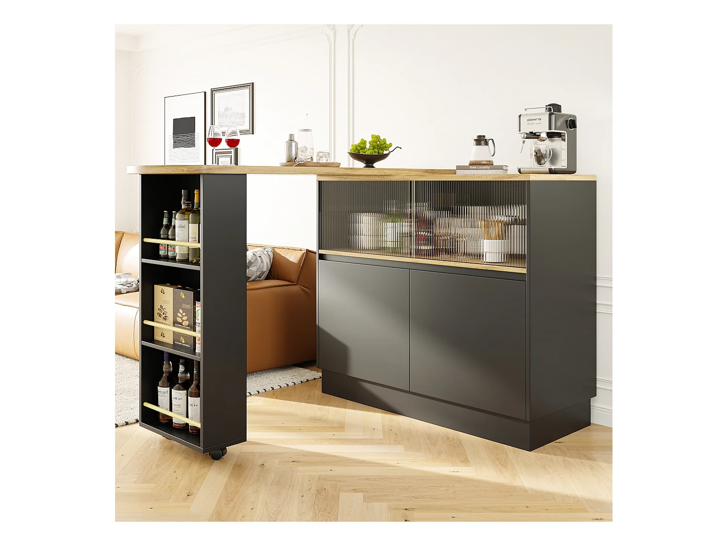 Buffet tournant 360° multifonctionnel, design moderne, MDF, noir, avec étagères et vitre (90x45x100 cm)