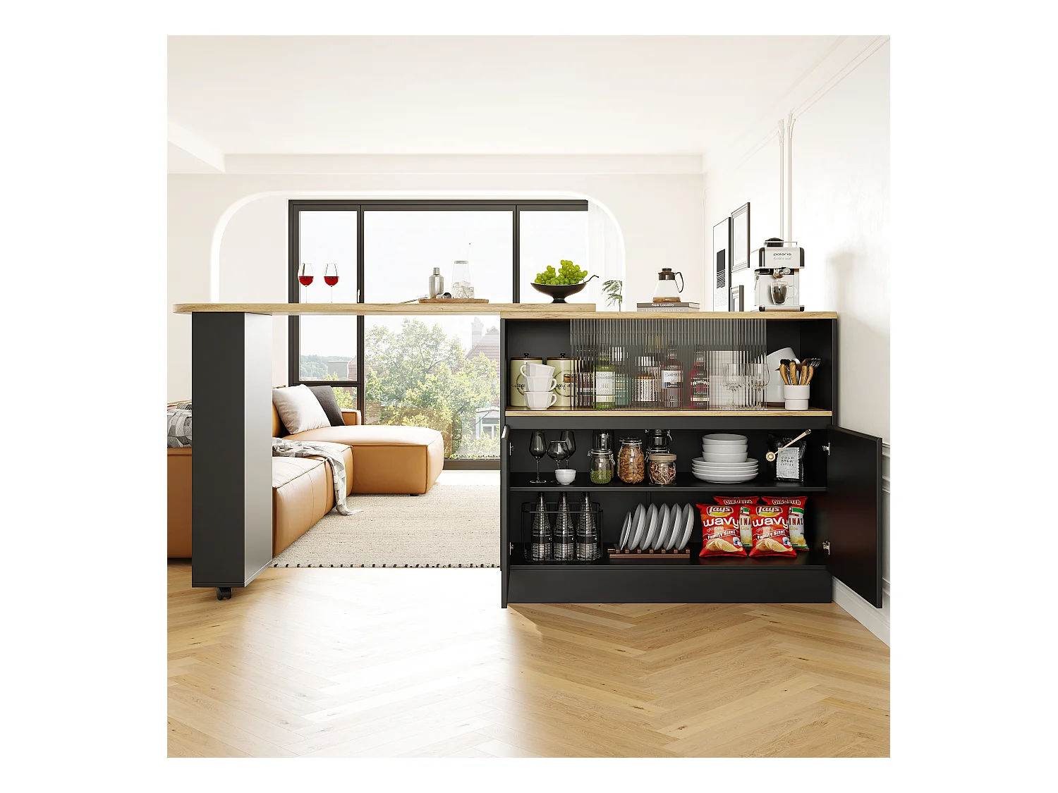 Buffet tournant 360° multifonctionnel, design moderne, MDF, noir, avec étagères et vitre (90x45x100 cm)