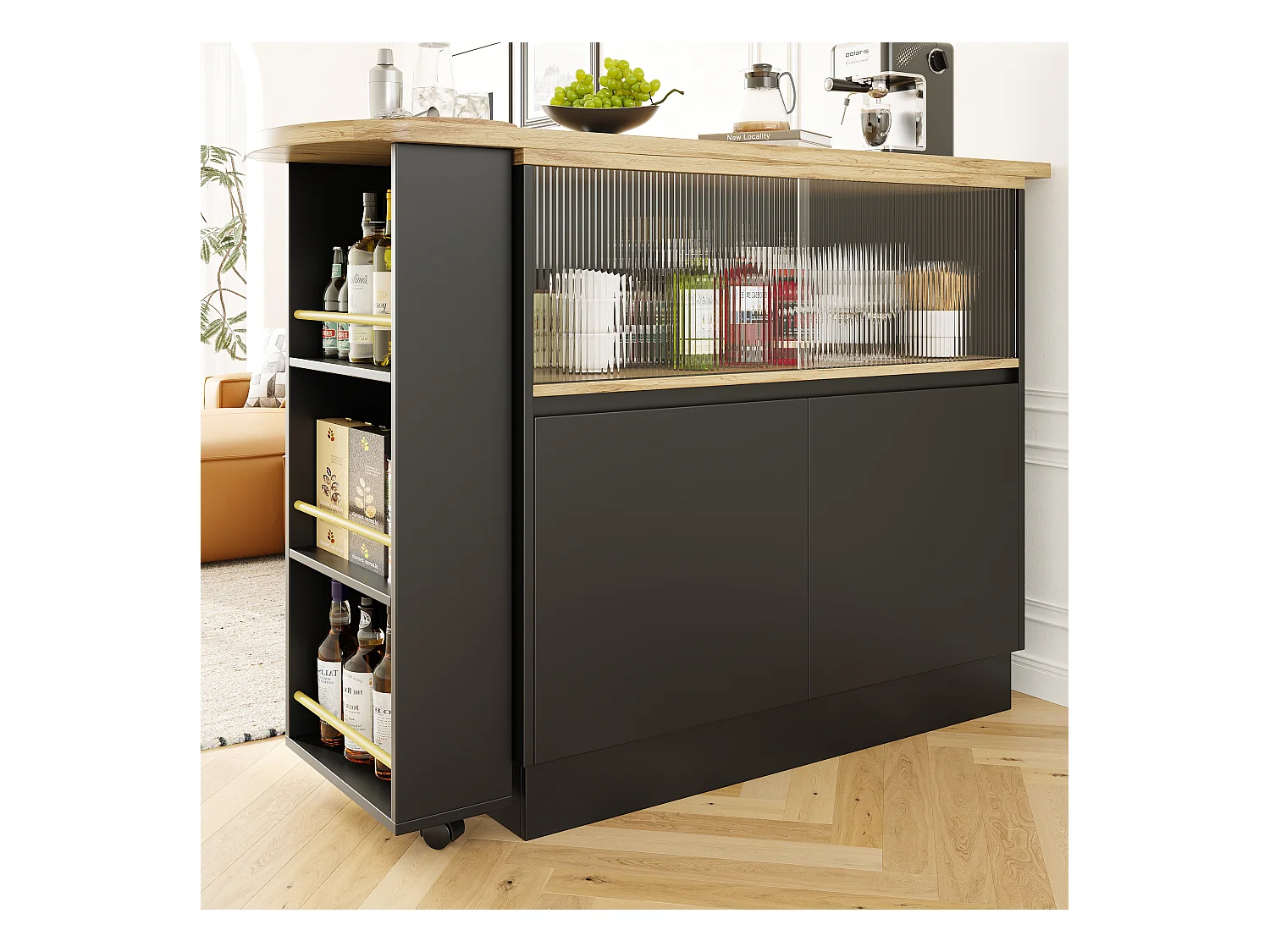 Buffet tournant 360° multifonctionnel, design moderne, MDF, noir, avec étagères et vitre (90x45x100 cm)