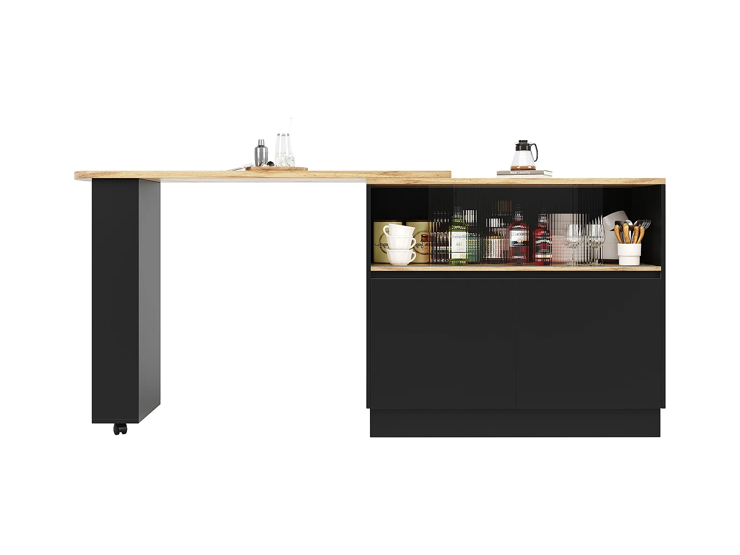 Buffet tournant 360° multifonctionnel, design moderne, MDF, noir, avec étagères et vitre (90x45x100 cm)