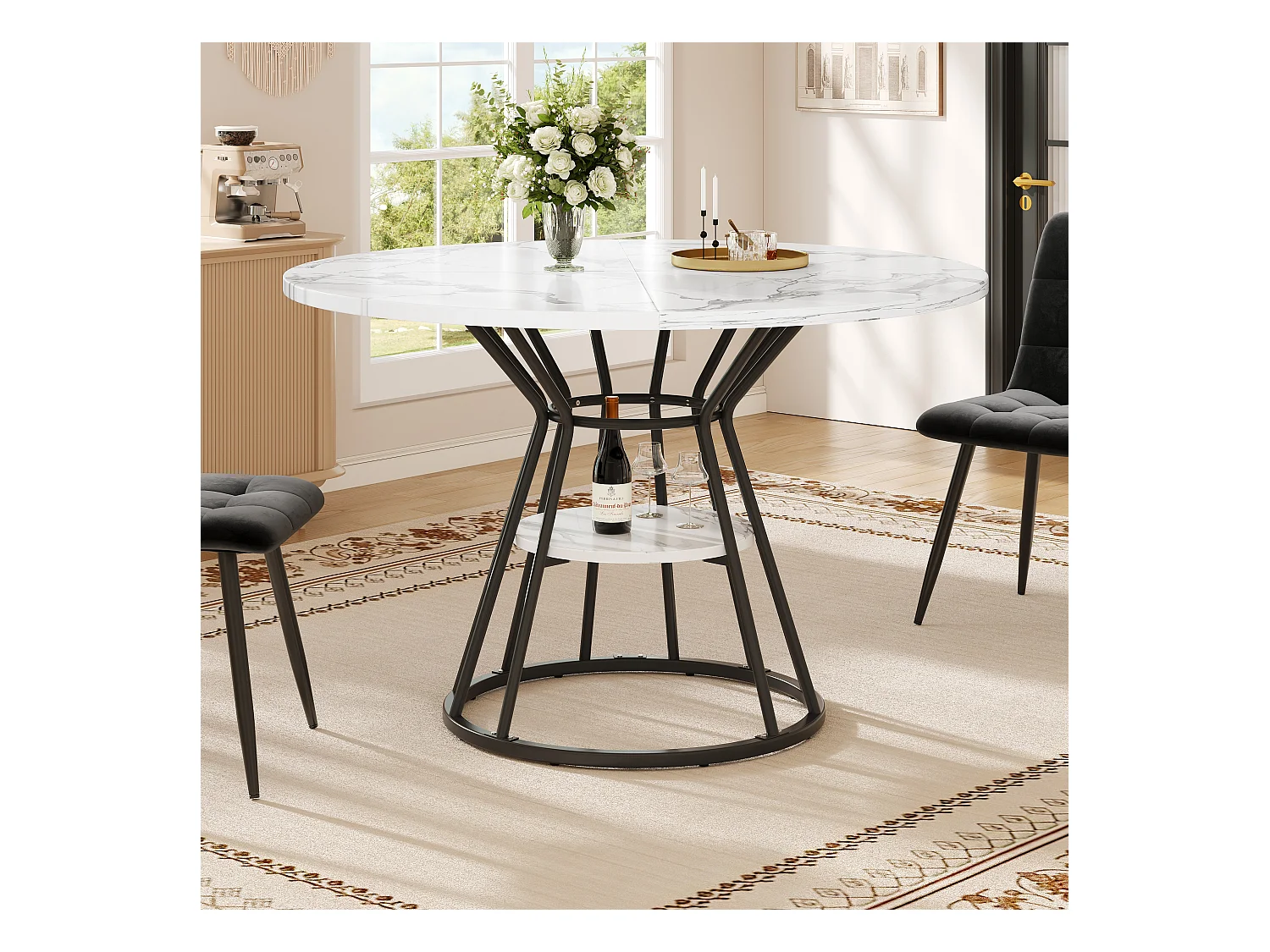 Ronde eettafel, modern design met marmeren blad en metalen poten, MDF en metaal, zwart en goud (100x100x76cm)