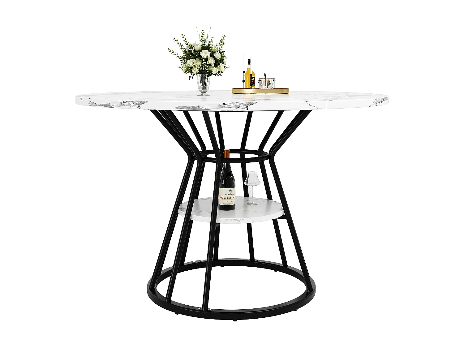Table ronde à manger, design moderne avec plateau marbré et pieds métalliques, MDF et métal, noir et or (100x100x76cm)