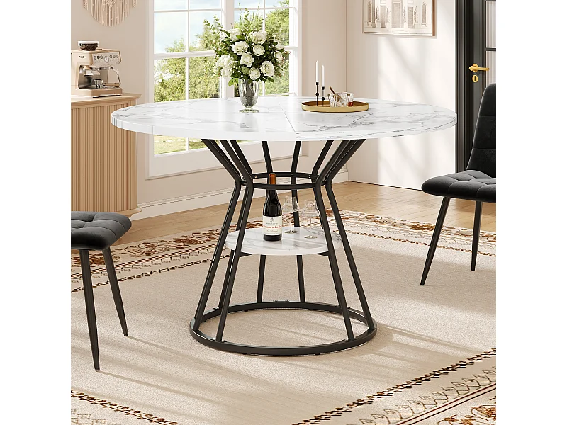 Tavolo da pranzo rotondo, design moderno con piano in marmo e gambe in metallo, MDF e metallo, nero e oro (100x100x76cm)