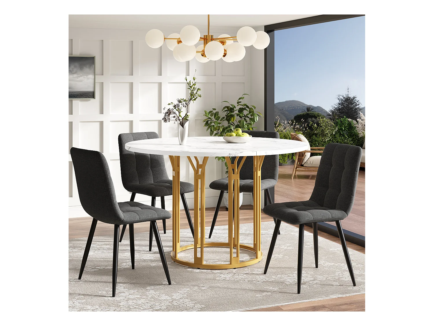 Mesa de comedor redonda, diseño moderno con base de metal, tapa de mármol, MDF y metal, color dorado y negro (100x100x74cm)