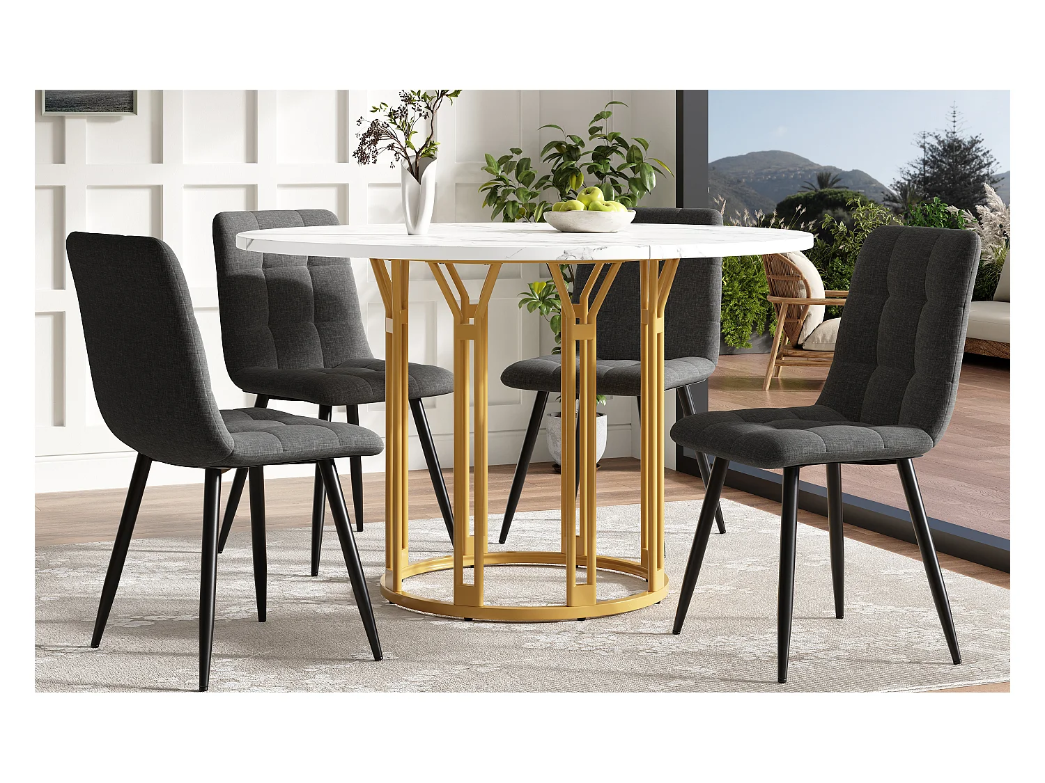 Mesa de comedor redonda, diseño moderno con base de metal, tapa de mármol, MDF y metal, color dorado y negro (100x100x74cm)